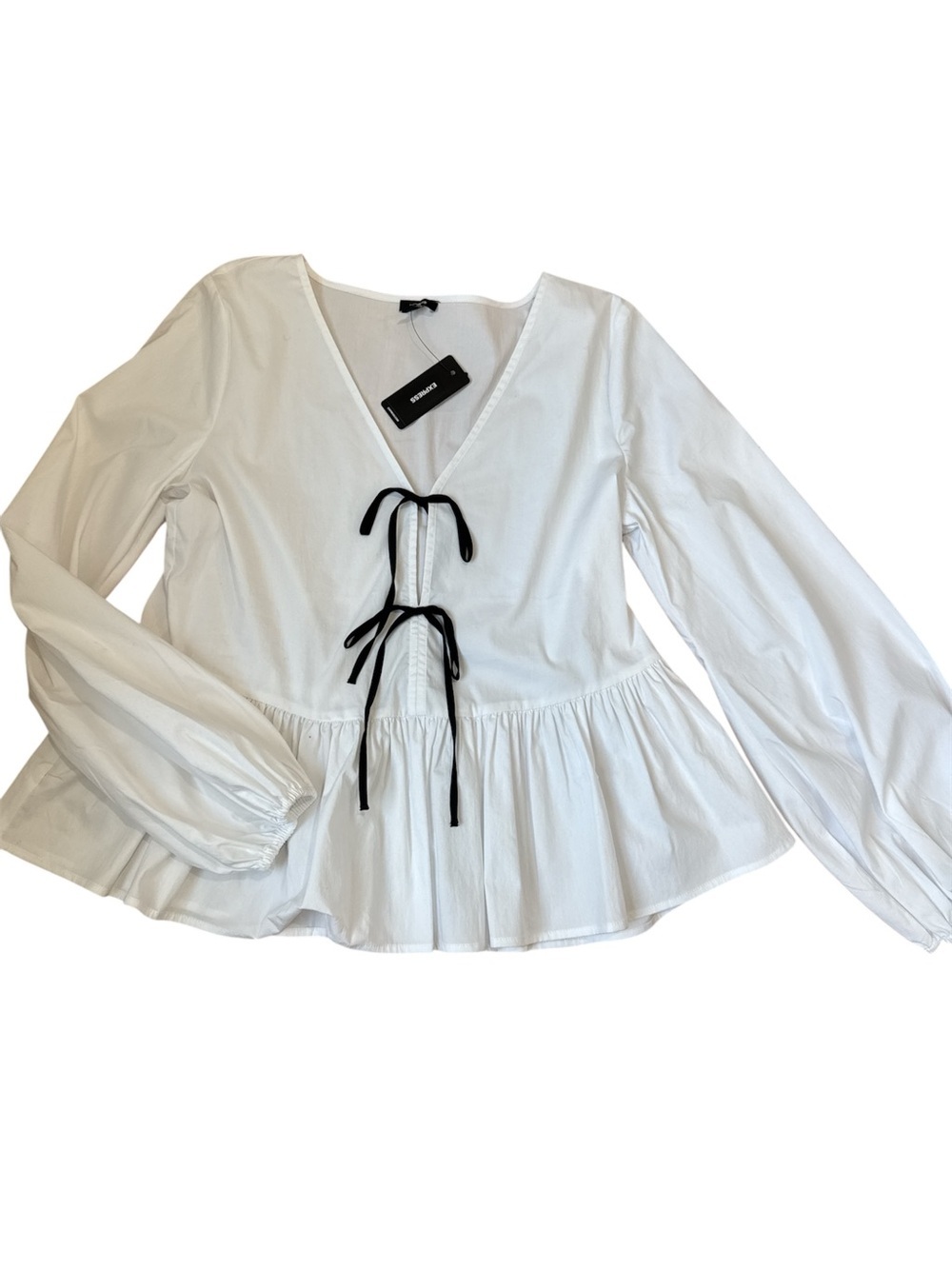 Express White Peplum Blouse with Black Tie Detail